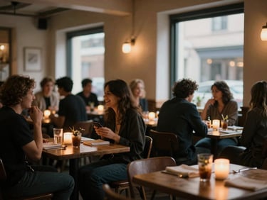 A busy, cozy neighborhood bistro dining room at dusk, warm candle glow on tables, soft-focus guests laughing.