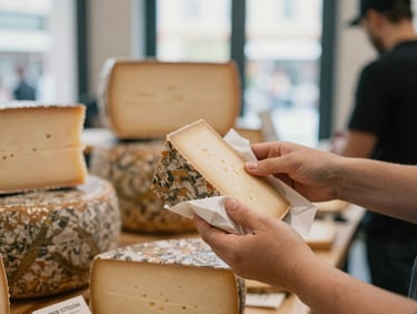 A bustling modern indoor artisanal cheese market stall, a hand wrapping a wedge of cheese in parchment paper.