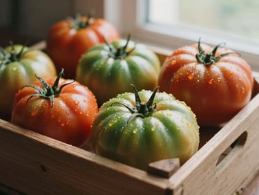 Freshly harvested heirloom tomatoes in a wooden crate, dew droplets on red and green skins, soft natural outdoor light.