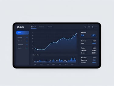 Macro crop of a dark-mode financial dashboard showing clean line charts, precise typography scales, and electric blue interactive elements, 50mm.