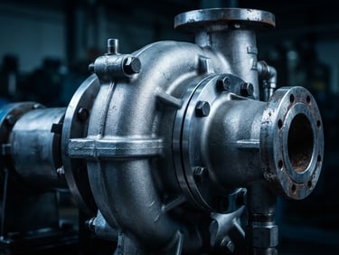 Industrial product photography of a heavy-duty stainless steel pump casing, high-contrast side-lighting emphasizing metallic textures, cool blue and steel tones.