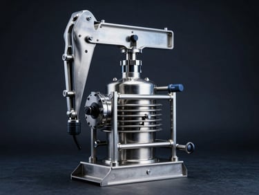 Clean product shot of an agricultural openwell pump, stainless steel body, dramatic metallic highlights.