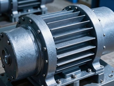 High-contrast industrial photography of a heavy-duty sewage pump with solid-handling impellers, side-lit metallic textures.