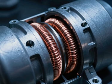 Close-up macro of double-shielded copper windings inside a stainless steel pump motor, high contrast side-lighting, technical blueprint style