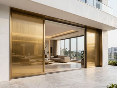 Wide-angle architectural photograph of a modern luxury penthouse patio featuring expansive bi-fold doors fitted with custom gold-finished pleated mesh screens.