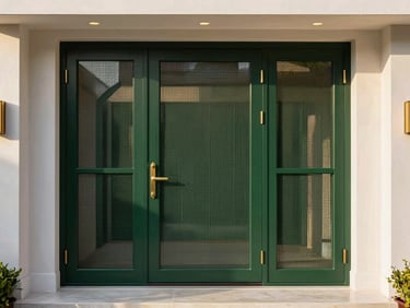 Modern luxury villa entrance featuring a premium dark forest green security mesh door with custom brass hardware, soft golden hour lighting