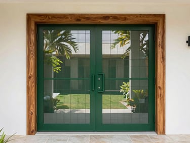 Architectural eye-level shot of a modern villa entrance, a premium deep forest green security mesh door cleanly integrated with a solid teak frame, bright natural daylight filtering through the mesh, warm editorial tone.