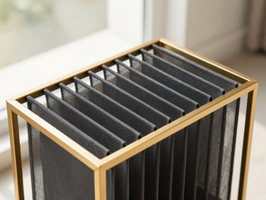 Macro detail of a charcoal pleated mesh system folding neatly into a slim gold powder-coated aluminum frame, bright natural light
