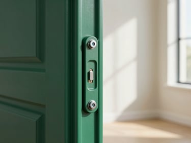 Macro detail shot of a multi-point lock mechanism on a deep forest green aluminum door frame, precision steel bolts, bright natural daylight, sharp focus on engineering joints.