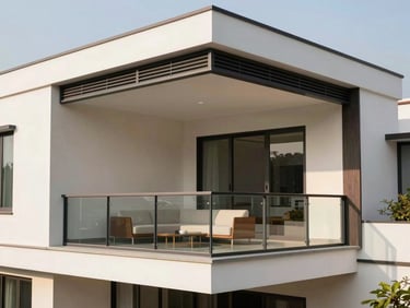 Modern minimalist villa corner balcony in Bengaluru, showing flush custom-fit invisible grills around a 90-degree glass span.