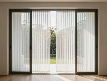 Interior view of a minimalist luxury living room, large glass doors open with Divyalux pleated mesh screen fully extended, soft daylight illuminating the fine, high-transparency weave.