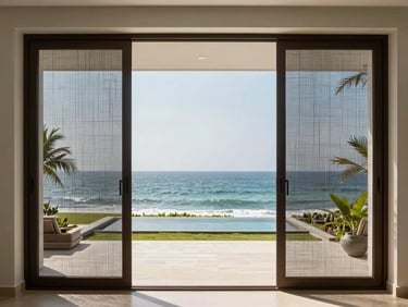 Luxury oceanfront villa in Goa, showing heavy-duty security mesh doors that allow sea breeze while maintaining absolute protection.