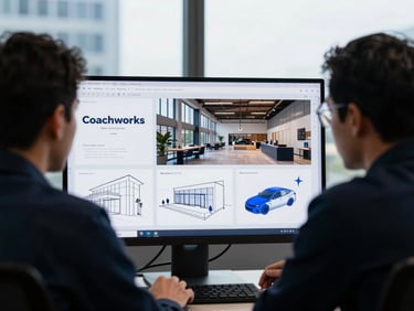 Candid shot of two team members collaborating on a large monitor displaying brand strategy mockups, architectural details of the Coachworks space in the background, cool-toned indoor studio lighting, high-contrast.