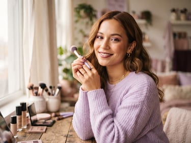 Warm editorial portrait of a beauty creator in soft natural window light, pastel lavender tones, shallow depth of field