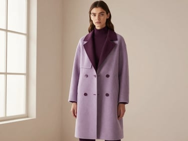 High-fashion model posing in a minimalist studio setting, wearing an autumn couture coat, deep plum accents