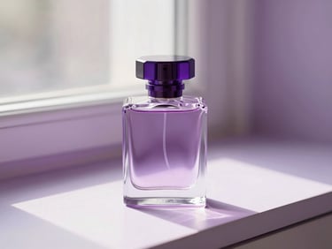 Atmospheric luxury perfume bottle on a vanity, soft window shadows, pastel lavender hues