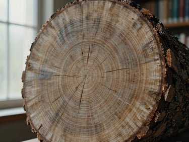 Close-up of a cross-section of an ancient tree trunk showing growth rings and evidence of past environmental stress, natural library window light, matte texture, scholarly documentary photography, 35mm.