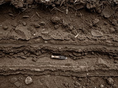 Macro shot of exposed soil layers revealing distinct geological and human-impacted strata, with a small archaeological tool for scale, low-contrast overcast daylight, desaturated earth tones, matte texture, scholarly documentary feel.