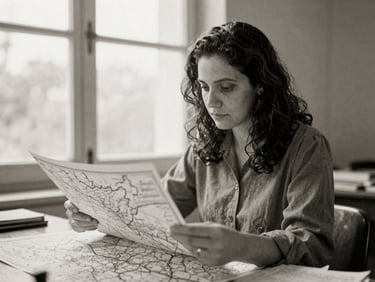 Archival grayscale portrait of a focused Brazilian academic, Dra. Sofia Mendes, reviewing historical maps, soft natural window light, matte texture, historical archival feel, 35mm.