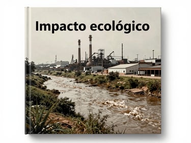 Capa de livro acadêmico sobre impacto ecológico, com ilustração de paisagem industrial desaturada e rio poluído, estilo documental, luz natural.
