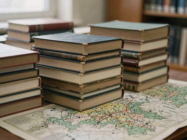 A stack of aged, bound academic journals and historical maps on a library table, soft overcast daylight, desaturated earth tones, scholarly documentary photography, 35mm.
