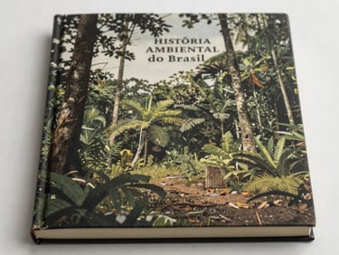Capa de livro acadêmico sobre a história ambiental do Brasil, com ilustração de floresta tropical desbotada, estilo documental, luz natural.