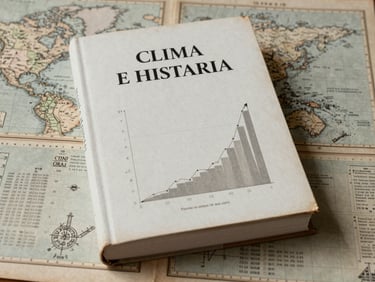 Capa de livro acadêmico sobre clima e história, com ilustração de antigos mapas e gráficos de temperatura, desaturado, estilo documental, luz natural.