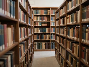 Vista panorâmica de uma biblioteca de pesquisa universitária vazia, com estantes repletas de livros antigos, luz natural suave, tons desaturados, scholarly documentary photography