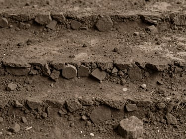 Close-up de camadas de solo e anéis de árvores, textura matte, luz natural, tons desaturados, scholarly documentary photography