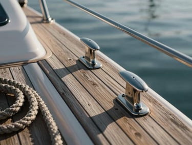 Close-up of weathered teak deck and stainless steel cleats on a yacht at rest in the marina, morning light raking across the wood grain, rope coiled nearby