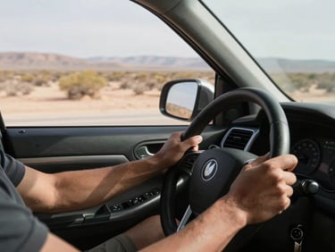 Driver's hands on a steering wheel, vehicle interior visible, dusty Baja highway stretching ahead through desert scrub at midday, natural light through windshield