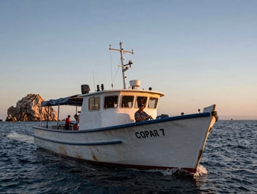 Small open tour boat on the Sea of Cortez at dawn, weathered fiberglass hull, captain at the wheel in working clothes, rocky coastline visible in the background distance