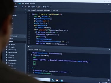 Over-the-shoulder view of a clean dark-themed IDE with SQL queries and Python code, cool blue screen glow, sharp focus