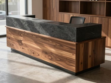 The completed physical office reception desk, matching the CAD model perfectly, crafted in dark slate and warm timber under natural daylight.