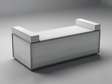 A clean 3D wireframe CAD model of a minimalist office reception desk, showing structural lines and space planning vectors.