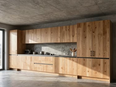 Wide-angle architectural photograph of a modern kitchen fit-out, featuring seamless oak cabinetry meeting a raw concrete ceiling, natural morning light.