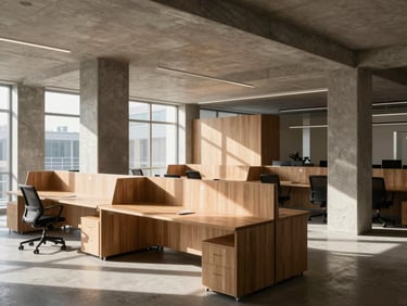 Crisp architectural photograph of a modern open-plan office fit-out, clean concrete columns, custom timber workstation desks, natural daylight casting sharp geometric shadows.
