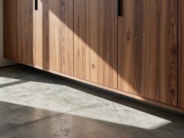 Crisp architectural daylight shot of a modern living room interior, showing a flush walnut cabinet wall meeting a polished concrete floor with millimeter-precise joints, clear geometric shadows.