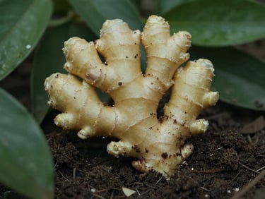 Close-up of freshly dug ginger root with soil clinging, soft diffused light.