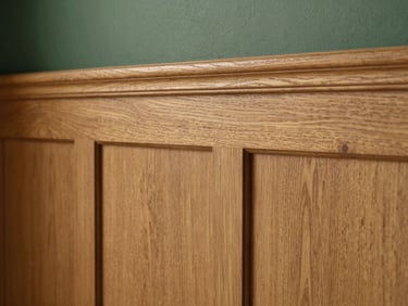 Close-up of premium oak wood panel texture, soft natural side-lighting, warm oak tones, architectural detail