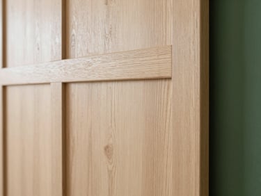 Close-up of light ash wood panel texture, bright natural lighting, clean minimal aesthetic, architectural detail
