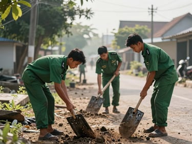 Young men of GP Ansor Bawang in green uniforms working together to clean up a local village path, bright morning sun.