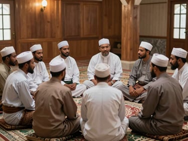 Group of local Muslim men wearing sarongs and peci sitting together in a circle inside a wooden mosque, warm ambient indoor lighting.