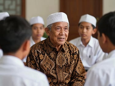 A senior Kyai in traditional Javanese batik and white peci speaking gently to a group of young students, warm soft lighting.