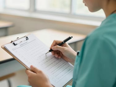 Close-up of a nursing student analyzing medical charts on a clipboard, warm natural classroom lighting, 35mm
