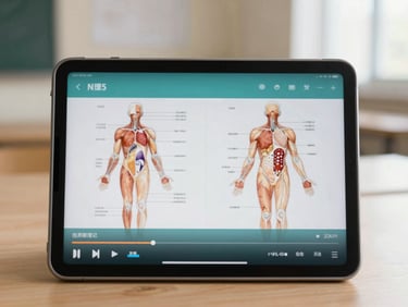 A tablet displaying an online nursing video lecture, showing clear anatomical diagrams and a video playback bar, warm lighting.
