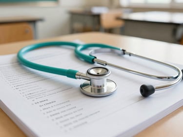 A stethoscope resting on clean printed nursing study notes, bright classroom background, 35mm