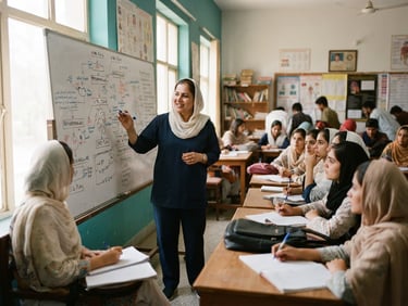 A bright, warm classroom in Peshawar, a professional nursing instructor explaining clinical concepts on a whiteboard, students with notebooks, soft daylight, 35mm