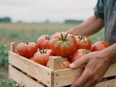 Tactile close-up of a farmer's hands holding a wooden crate overflowing with fresh heirloom tomatoes in an open field, soft overcast daylight, rich earthy tones, 35mm film aesthetic.