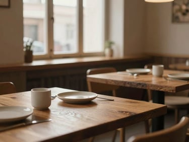Cozy Scandinavian-style restaurant interior with warm natural window light, rustic wooden tables, minimalist ceramic tableware, soft side-lighting, shallow depth of field, warm earthy tones.